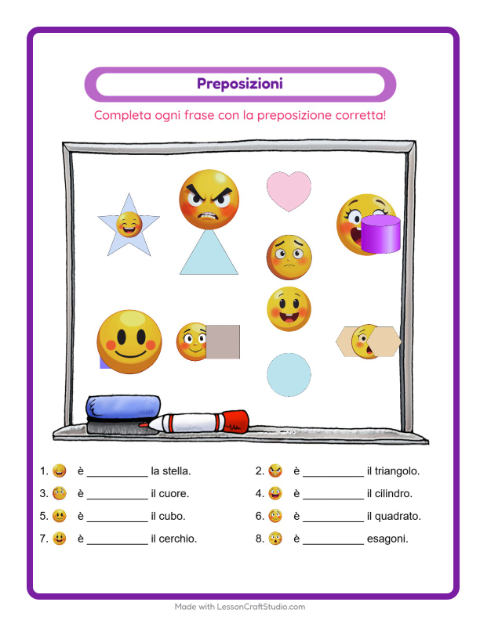 Anteprima della scheda di Preposizioni con Emozioni per Scuola dell'infanzia (5-7 anni)