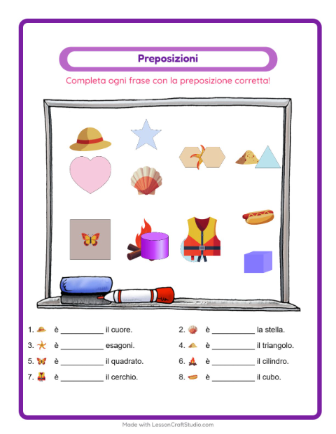 Anteprima della scheda di Preposizioni con Estate per Scuola dell'infanzia (5-7 anni)