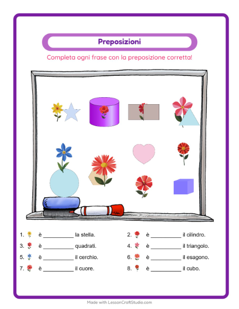 Anteprima della scheda di Preposizioni con Fiori per Scuola dell'infanzia (5-7 anni)