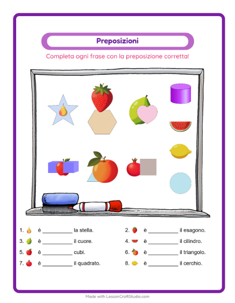 Anteprima della scheda di Preposizioni con Frutta per Scuola dell'infanzia (5-7 anni)