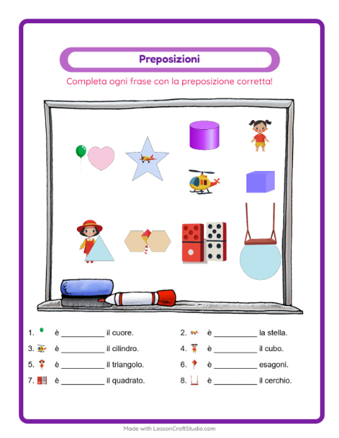 Anteprima della scheda di Preposizioni con Giocattoli per Scuola dell'infanzia (5-7 anni)