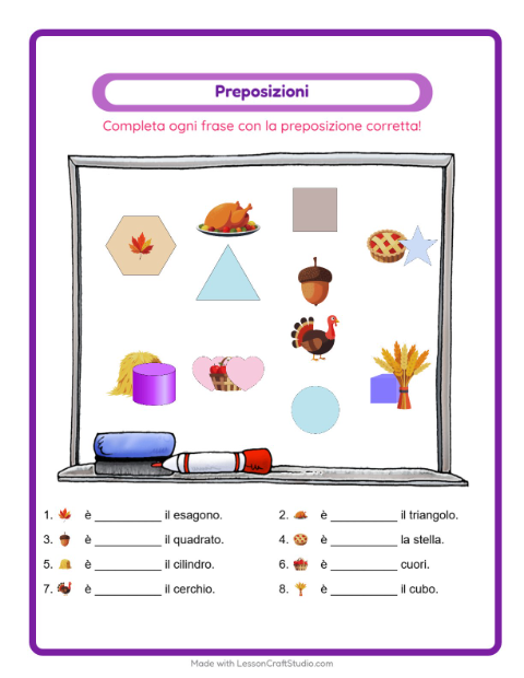 Anteprima della scheda di Preposizioni con Giorno del Ringraziamento per Scuola dell'infanzia (5-7 anni)