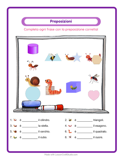 Anteprima della scheda di Preposizioni con Insetti e scarafaggi per Scuola dell'infanzia (5-7 anni)