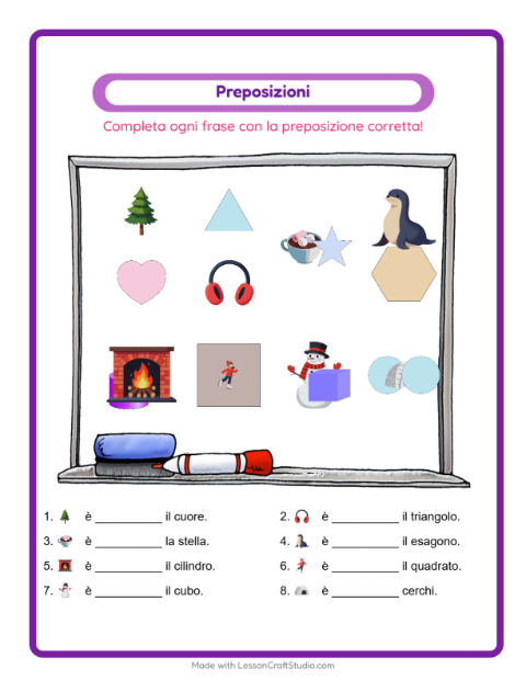 Anteprima della scheda di Preposizioni con Inverno per Scuola dell'infanzia (5-7 anni)