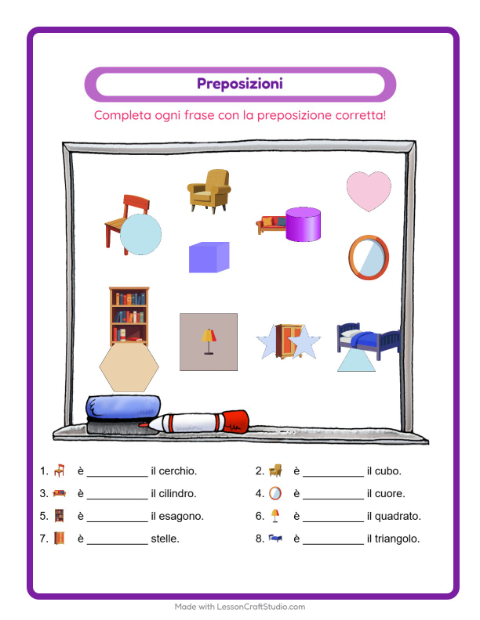 Anteprima della scheda di Preposizioni con Mobili per Scuola dell'infanzia (5-7 anni)