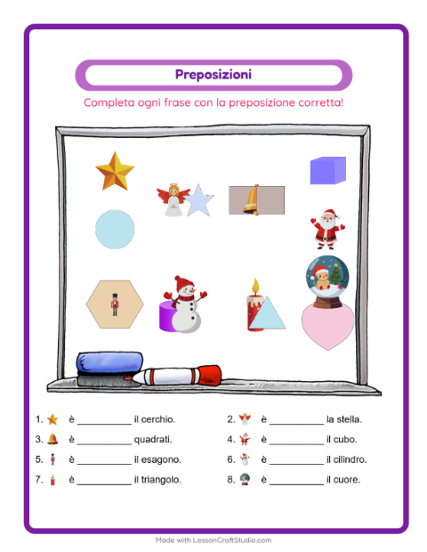 Anteprima della scheda di Preposizioni con Natale per Scuola dell'infanzia (5-7 anni)