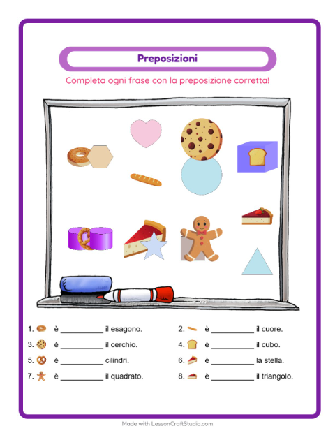 Anteprima della scheda di Preposizioni con Panetteria per Scuola dell'infanzia (5-7 anni)