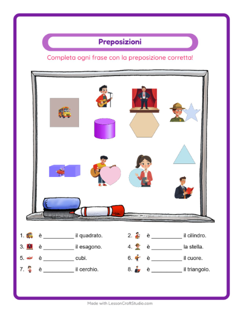 Anteprima della scheda di Preposizioni con Professioni per Scuola dell'infanzia (5-7 anni)