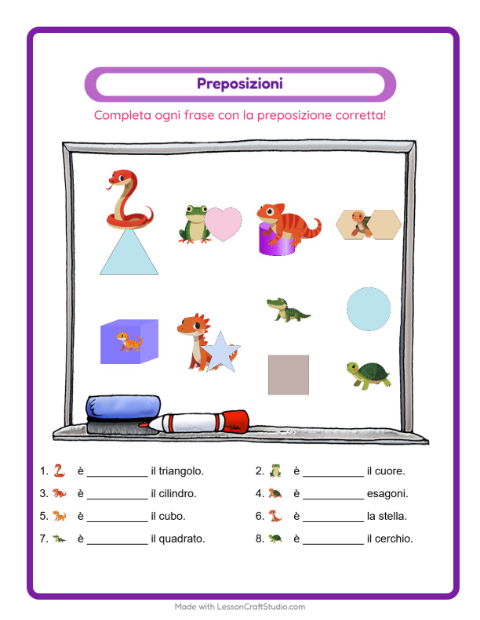 Anteprima della scheda di Preposizioni con Rettili e anfibi per Scuola dell'infanzia (5-7 anni)