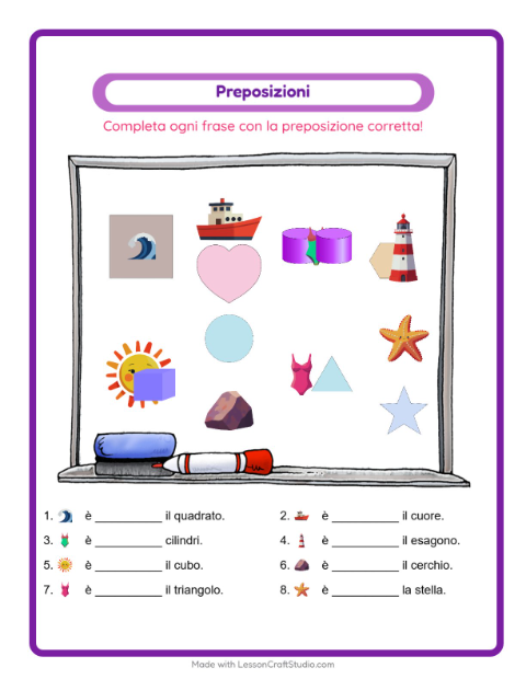 Anteprima della scheda di Preposizioni con Spiaggia per Scuola dell'infanzia (5-7 anni)