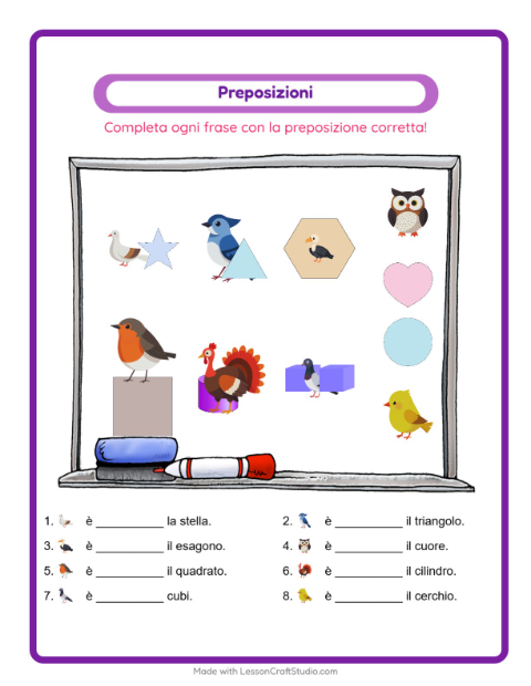 Anteprima della scheda di Preposizioni con Uccelli 2 per Scuola dell'infanzia (5-7 anni)
