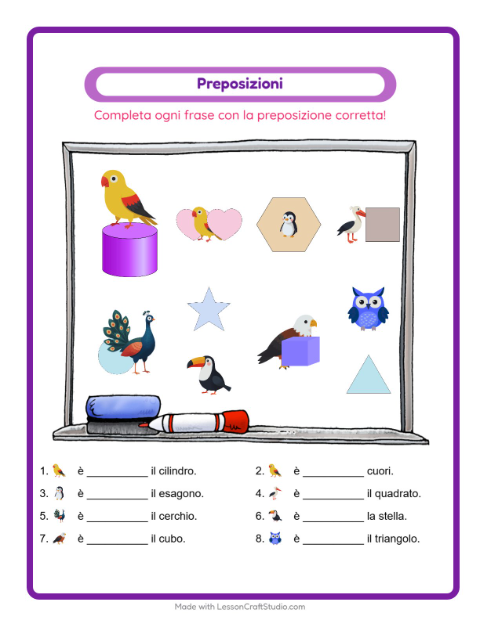 Anteprima della scheda di Preposizioni con Uccelli per Scuola dell'infanzia (5-7 anni)