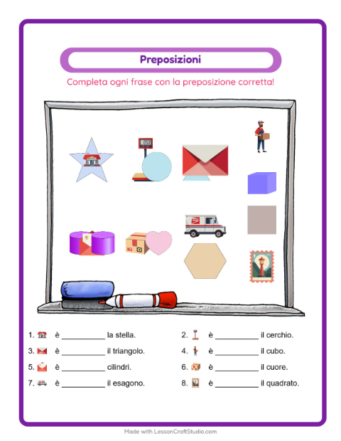 Anteprima della scheda di Preposizioni con Ufficio postale per Scuola dell'infanzia (5-7 anni)