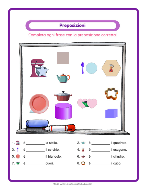Anteprima della scheda di Preposizioni con Utensili da cucina per Scuola dell'infanzia (5-7 anni)