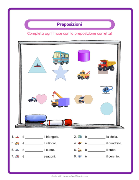 Anteprima della scheda di Preposizioni con Veicoli per Scuola dell'infanzia (5-7 anni)