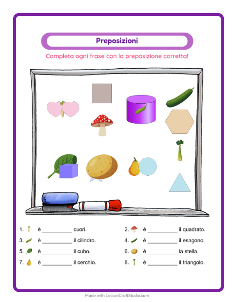 Anteprima della scheda di Preposizioni con Verdure per Scuola dell'infanzia (5-7 anni)