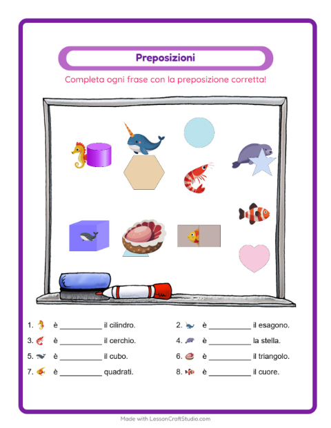 Anteprima della scheda di Preposizioni con Vita oceanica per Scuola dell'infanzia (5-7 anni)