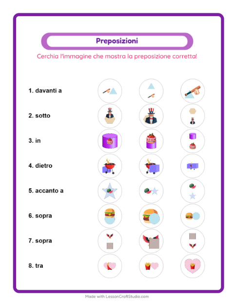 Anteprima della scheda di Preposizioni con 4 luglio per Scuola dell'infanzia (5-7 anni)