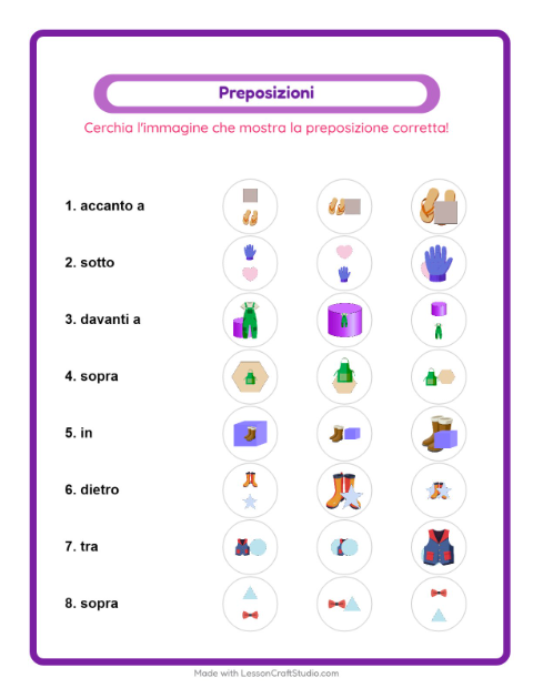 Anteprima della scheda di Preposizioni con Abbigliamento per Scuola dell'infanzia (5-7 anni)