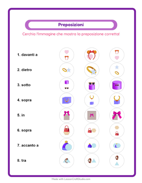 Anteprima della scheda di Preposizioni con Accessori per Scuola dell'infanzia (5-7 anni)