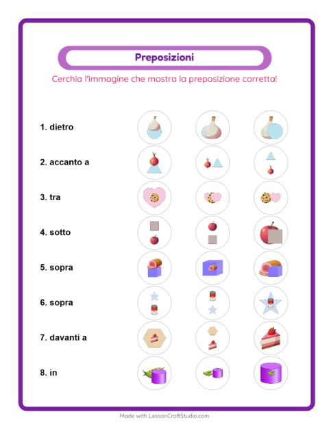 Anteprima della scheda di Preposizioni con Al supermercato per Scuola dell'infanzia (5-7 anni)