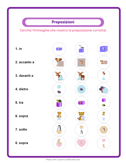 Anteprima della scheda di Preposizioni con Animali per Scuola dell'infanzia (5-7 anni)