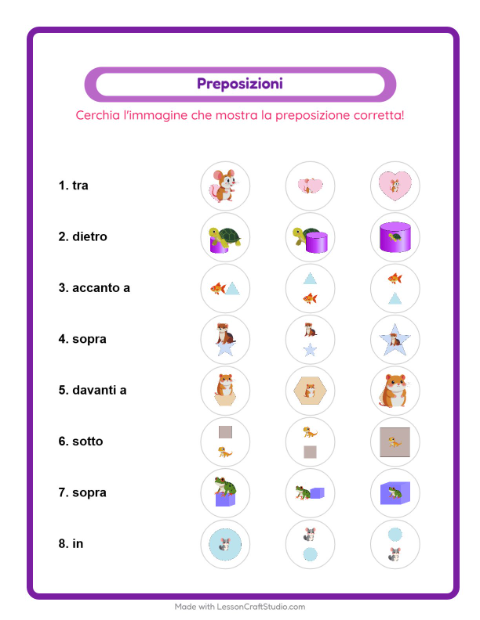 Anteprima della scheda di Preposizioni con Animali domestici per Scuola dell'infanzia (5-7 anni)