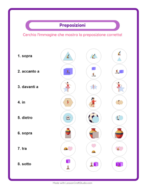 Anteprima della scheda di Preposizioni con Attività per Scuola dell'infanzia (5-7 anni)