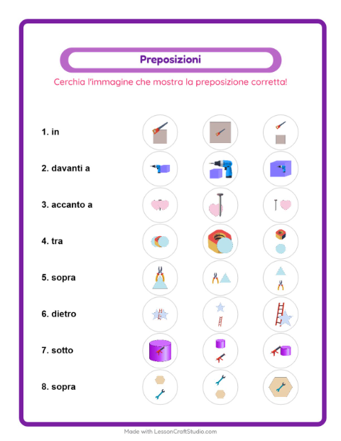 Anteprima della scheda di Preposizioni con Attrezzi per Scuola dell'infanzia (5-7 anni)