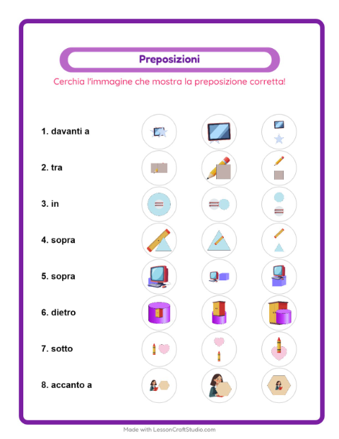 Anteprima della scheda di Preposizioni con Aula per Scuola dell'infanzia (5-7 anni)