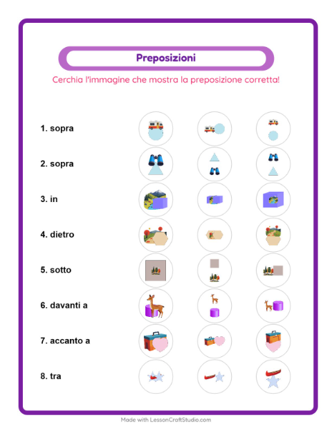 Anteprima della scheda di Preposizioni con Campeggio per Scuola dell'infanzia (5-7 anni)