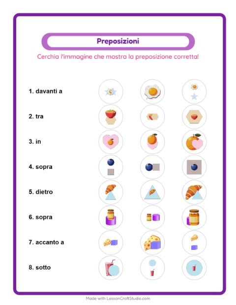 Anteprima della scheda di Preposizioni con Colazione per Scuola dell'infanzia (5-7 anni)