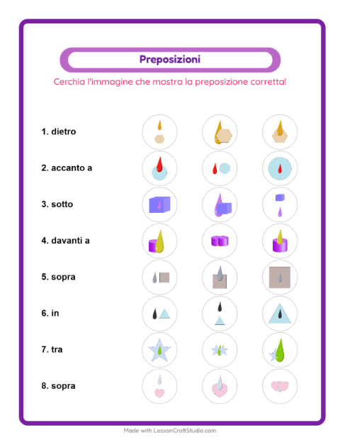 Anteprima della scheda di Preposizioni con Colori per Scuola dell'infanzia (5-7 anni)