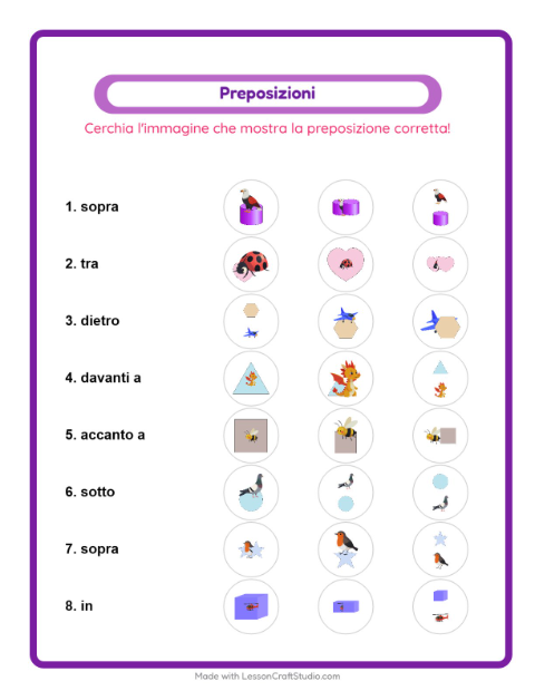 Anteprima della scheda di Preposizioni con Cose che volano per Scuola dell'infanzia (5-7 anni)