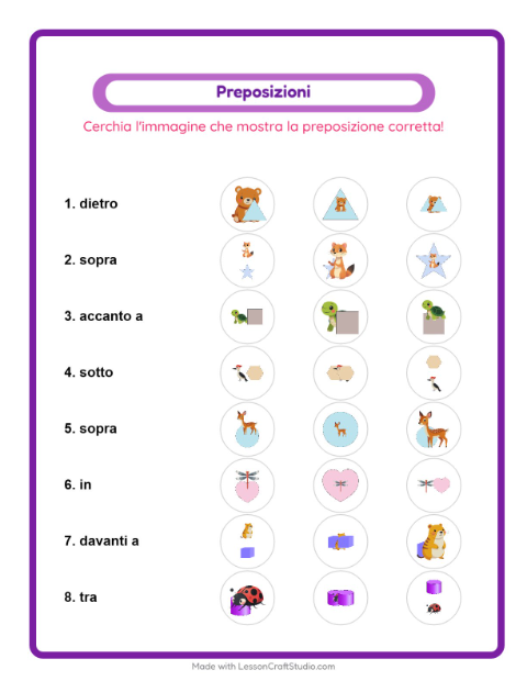 Anteprima della scheda di Preposizioni con Creature della foresta per Scuola dell'infanzia (5-7 anni)