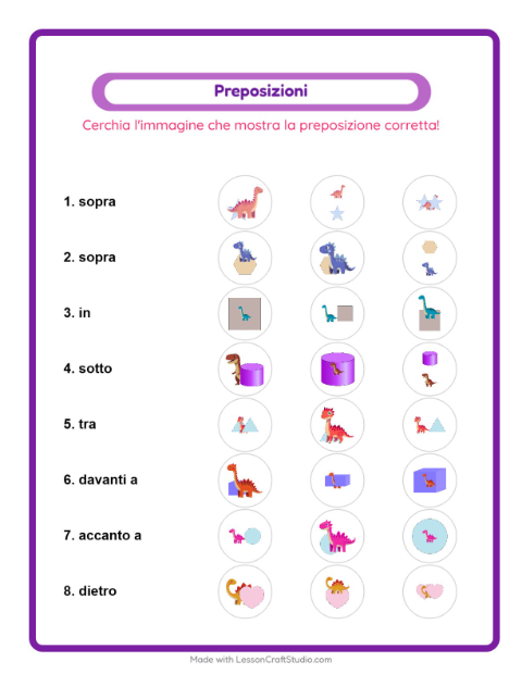 Anteprima della scheda di Preposizioni con Dinosauri per Scuola dell'infanzia (5-7 anni)