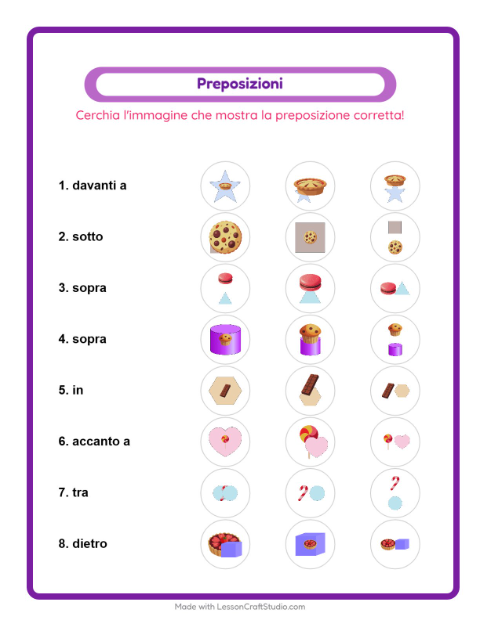Anteprima della scheda di Preposizioni con Dolci e dolciumi per Scuola dell'infanzia (5-7 anni)