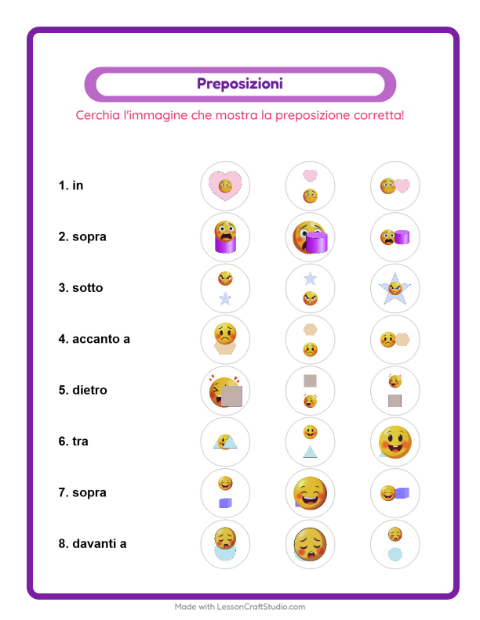 Anteprima della scheda di Preposizioni con Emozioni per Scuola dell'infanzia (5-7 anni)