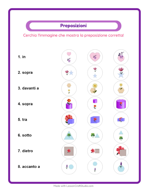 Anteprima della scheda di Preposizioni con Fiori per Scuola dell'infanzia (5-7 anni)