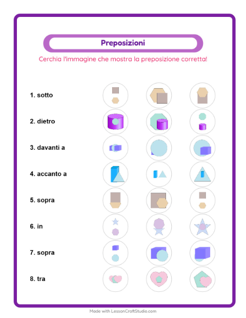 Anteprima della scheda di Preposizioni con Forme per Scuola dell'infanzia (5-7 anni)