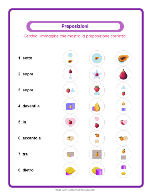 Anteprima della scheda di Preposizioni con Frutta per Scuola dell'infanzia (5-7 anni)
