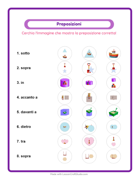 Anteprima della scheda di Preposizioni con Giocattoli per Scuola dell'infanzia (5-7 anni)