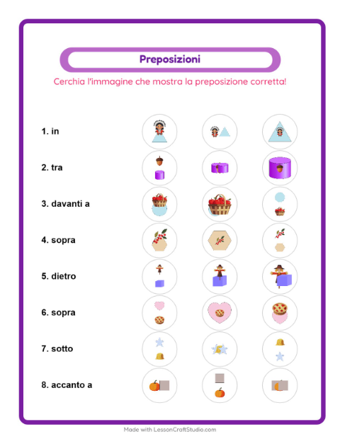 Anteprima della scheda di Preposizioni con Giorno del Ringraziamento per Scuola dell'infanzia (5-7 anni)