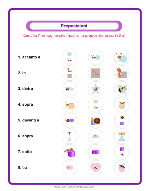Anteprima della scheda di Preposizioni con Insetti e scarafaggi per Scuola dell'infanzia (5-7 anni)