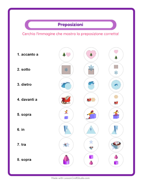 Anteprima della scheda di Preposizioni con Inverno per Scuola dell'infanzia (5-7 anni)