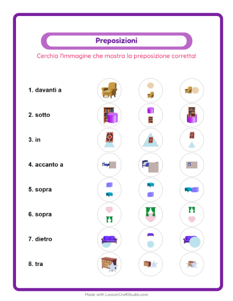Anteprima della scheda di Preposizioni con Mobili per Scuola dell'infanzia (5-7 anni)