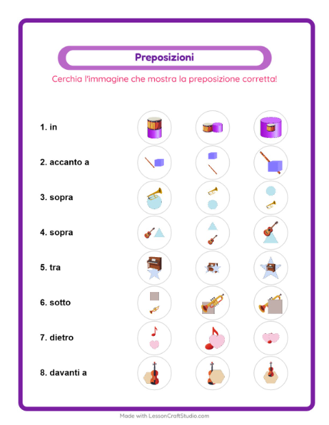 Anteprima della scheda di Preposizioni con Musica per Scuola dell'infanzia (5-7 anni)