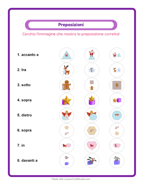 Anteprima della scheda di Preposizioni con Natale per Scuola dell'infanzia (5-7 anni)