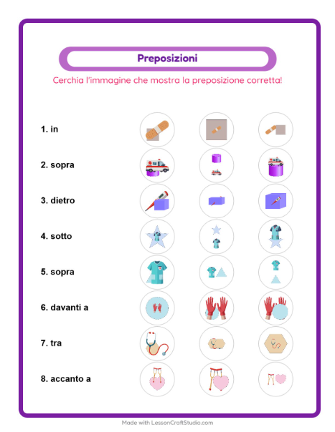 Anteprima della scheda di Preposizioni con Ospedale per Scuola dell'infanzia (5-7 anni)