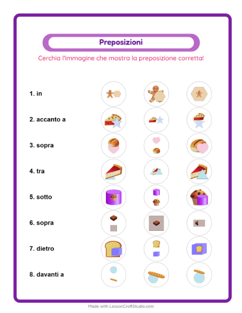 Anteprima della scheda di Preposizioni con Panetteria per Scuola dell'infanzia (5-7 anni)